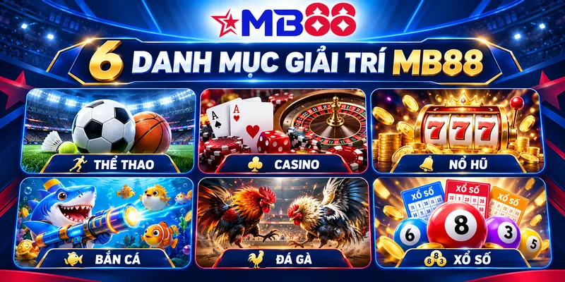 Các danh mục trò chơi trên menu MB88 gồm thể thao casino nổ hũ bắn cá đá gà và xổ số